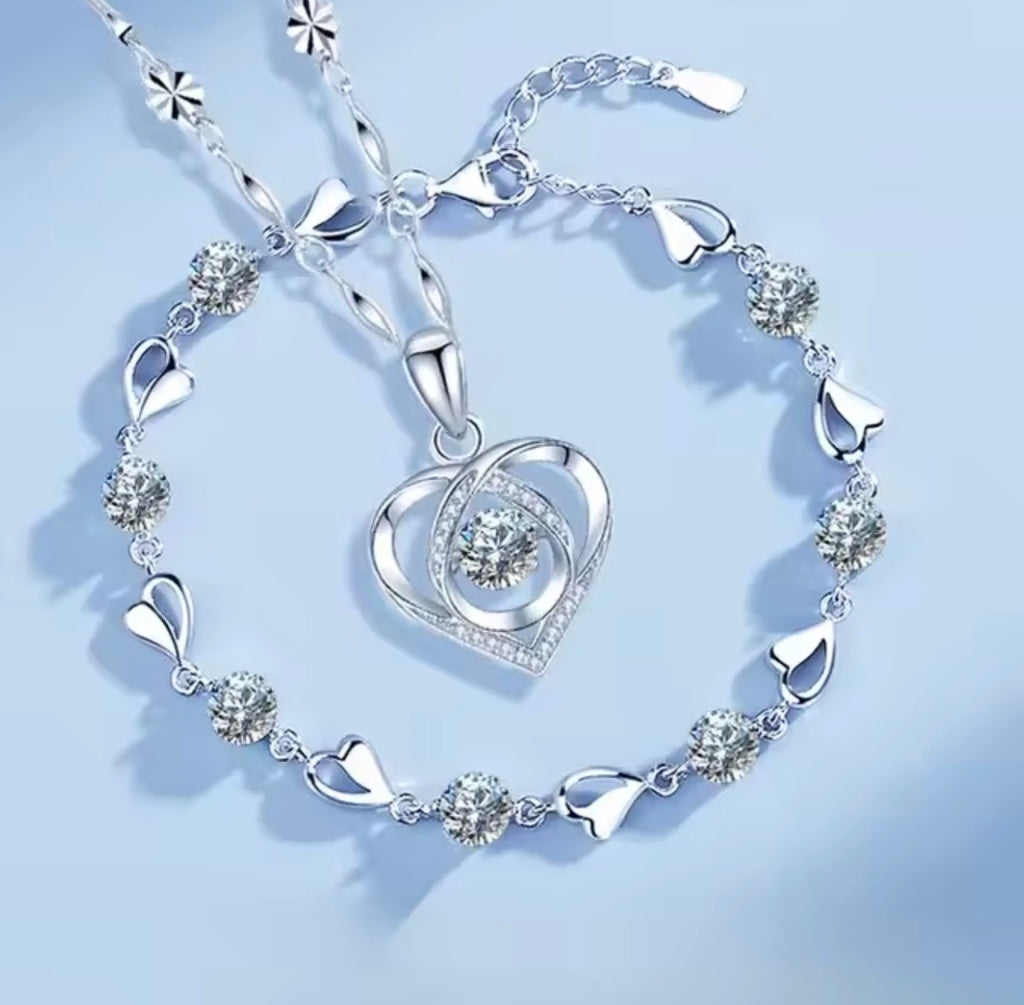Heart Shaped Necklace Bracelet Set for Women Vintage Korean Crystal