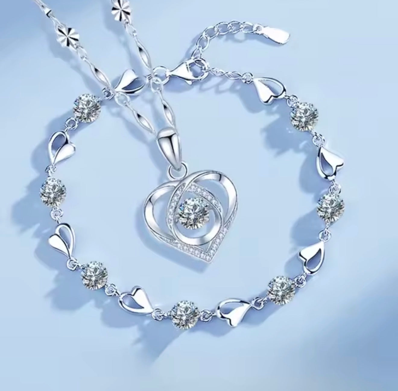 Heart Shaped Necklace Bracelet Set for Women Vintage Korean Crystal