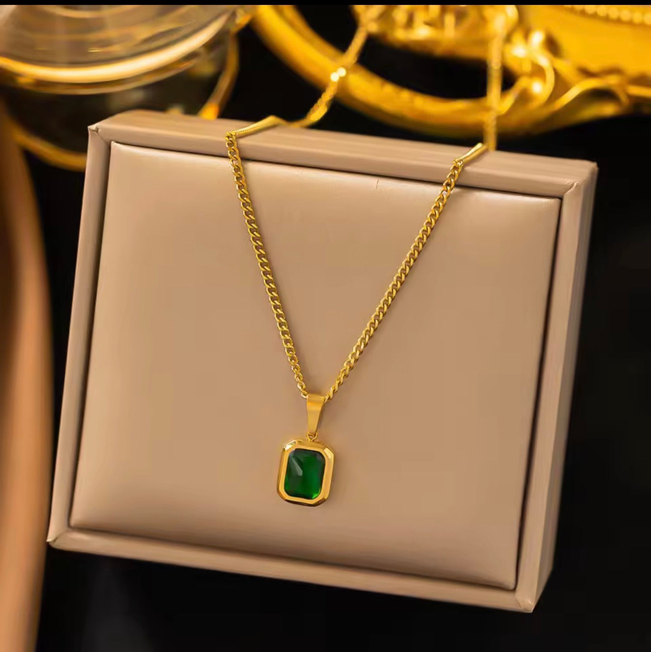 Stainless Steel Gold Plated Emerald Zirconia Geometric Square Pendant Necklace