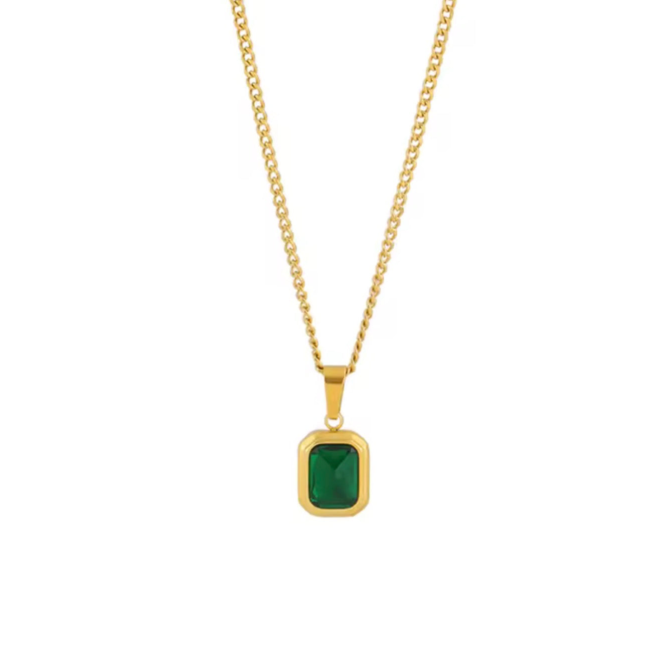 Stainless Steel Gold Plated Emerald Zirconia Geometric Square Pendant Necklace