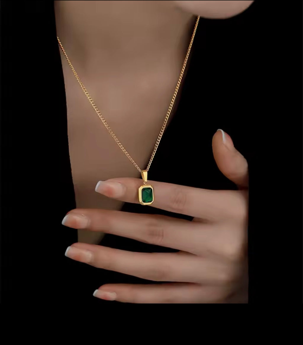Stainless Steel Gold Plated Emerald Zirconia Geometric Square Pendant Necklace