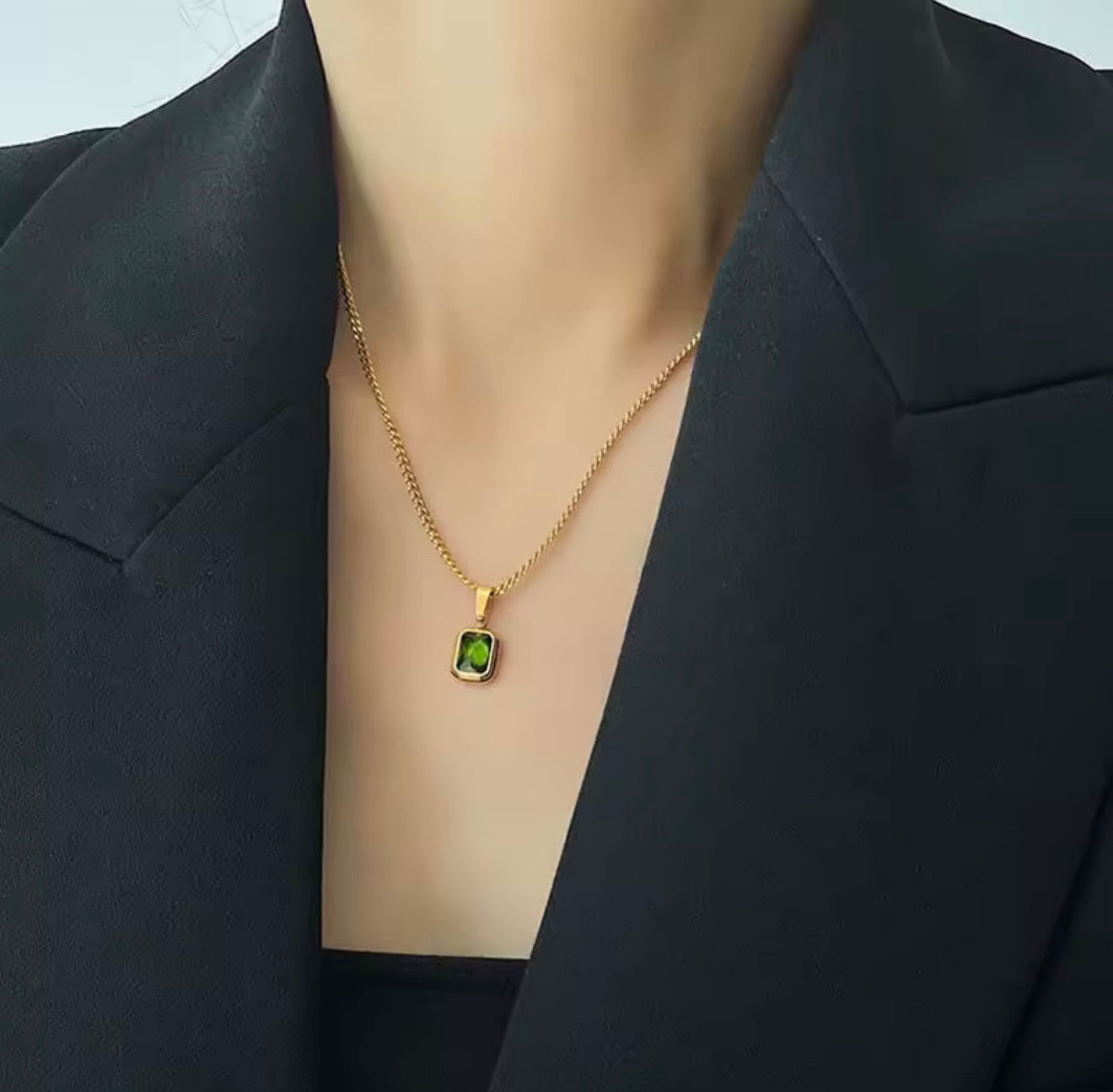 Stainless Steel Gold Plated Emerald Zirconia Geometric Square Pendant Necklace