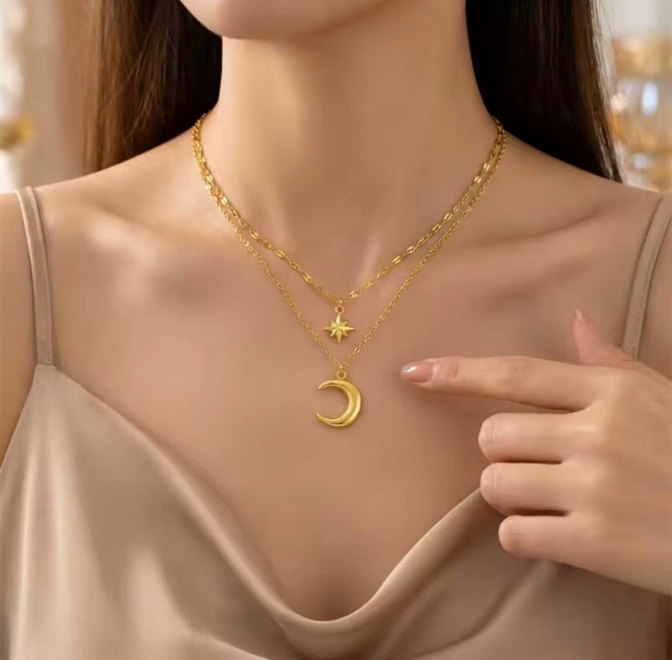 Retro Star Moon Pendant Necklace 18K Gold